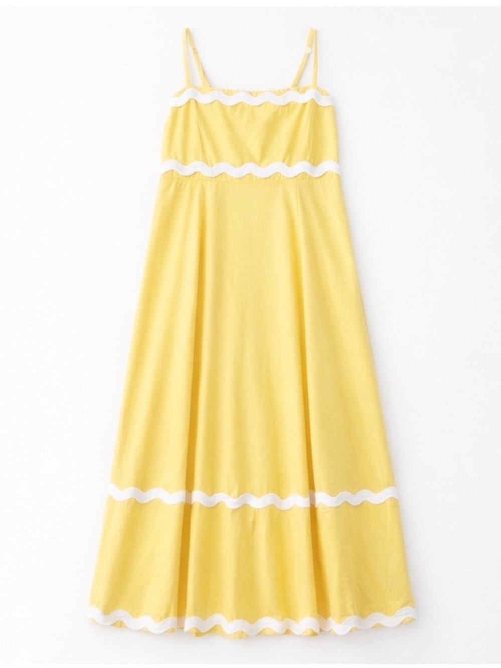 Yellow Spaghetti-Strap Maxi Dress with White Trim Spring/summer vibes.